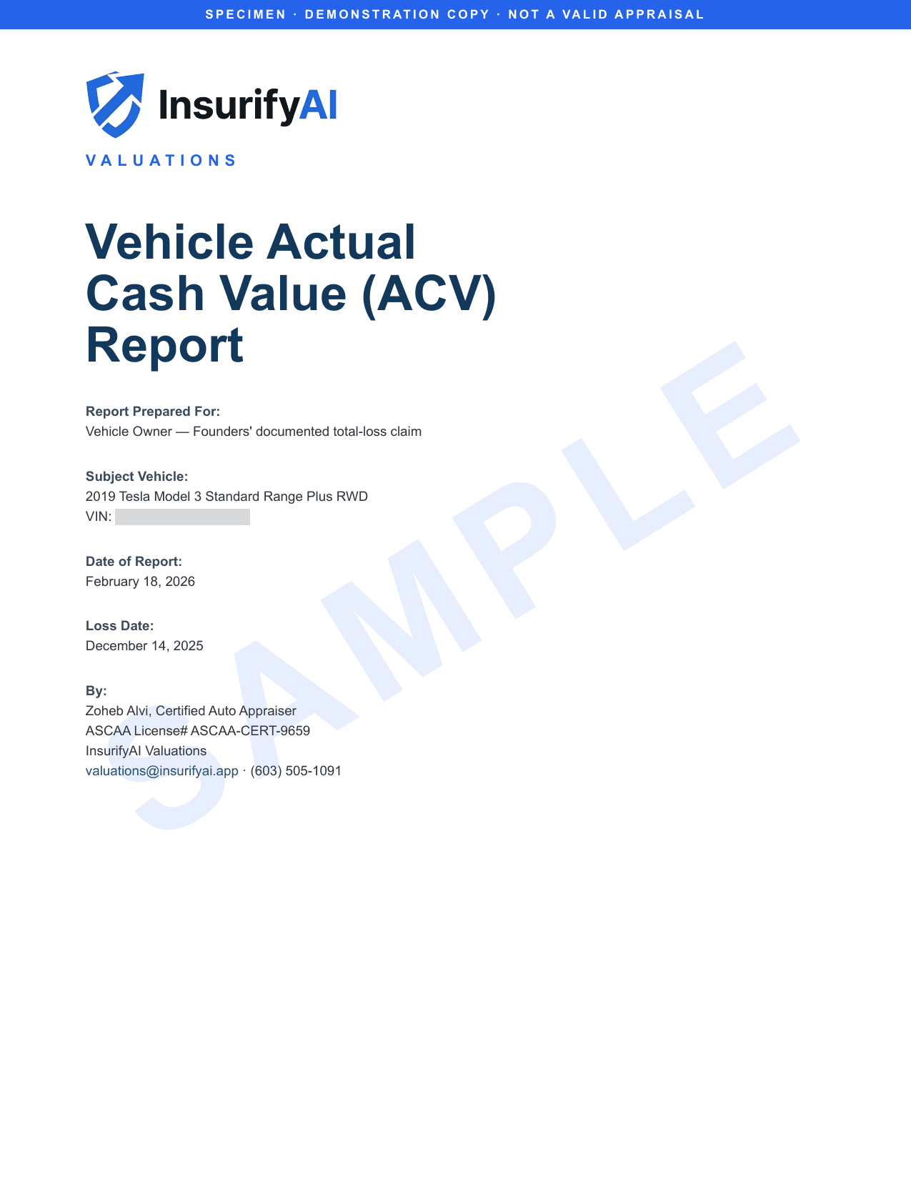 InsurifyAI appraisal report cover — 2021 Tesla Model 3